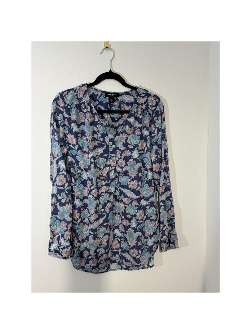 Nine West Blue Pink Green Floral V-Neck Button Long Sleeve Blouse Women's M